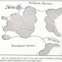Fig. 63 — Rough plan of part of the west coast of Antigua, showing slightly cliffed headlands and…