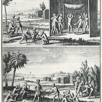Planche VII. Epreuves et con¬sécration d'un chef caraïbe. Gravure du XVIIIe siècle.