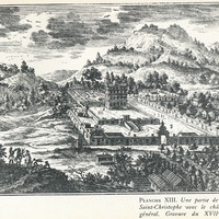 Planche XIII. Une partie de l'île de Saint-Christophe avec le château du général. Gravure du XVIIe…