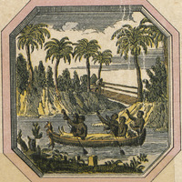 [Des hommes rament à bord d'une pirogue qui transporte un gibier]
