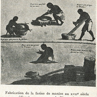 Fabrication de la farine de manioc au XVIIe siècle (d'après une gravure de l'époque).