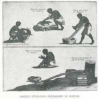 Groupe d'esclaves préparant le manioc.