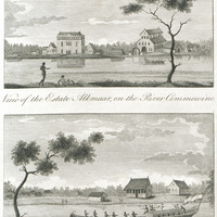 View of the estate alkmaar, on the river commewine. Representation of a tent boat, or plantation…