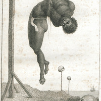 A negro hung alive by the ribs to a Gallows.