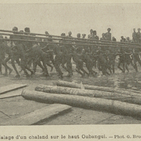 Halage d'un chaland sur le haut Oubangui.