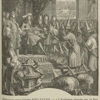 Almanach pour l'année MDCLXXXVII. « L'Audience donnée par le Roy aux ambassadeurs du Roy de Siam à…