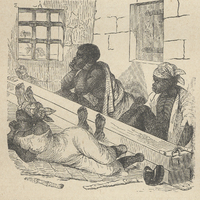 Esclaves nègres arrivés au port d'embarquement, mis au cachot, les pieds dans les entraves (1843).