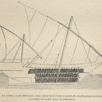 La même [barque de négrier arabe], coupe théorique, pour faire voir l'entassement des malheureux…