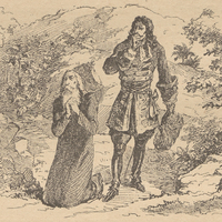 [Le moine (Père Rodriguez) à genoux priant avec Montbars debout à côté de lui.]