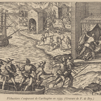 Flibustiers s'emparant de Carthagène en 1555. (Gravure de F. de Bry)