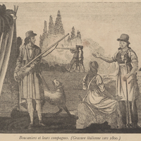 Boucaniers et leurs compagnes. (Gravure italienne vers 1800.)