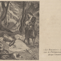 « Les Boucaniers ». (Gravure de Philippoteau, époque romantique.)