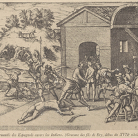 Cruautés des Espagnols envers les Indiens. (Gravure des fils de Bry, début du XVIIe siècle.)