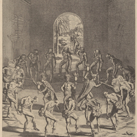 Manière dont les prêtres caribes souflent le courage. (Gravure du XVIIIe siècle.)
