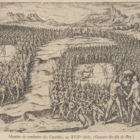 Manière de combattre des Caraïbes, au XVIIe siècle. (Gravure des fils de Bry.)