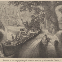 Ravenau et ses compagnons pris dans les rapides. (Histoire des Pirates)