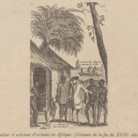 Vendeur et acheteur d'esclaves en Afrique. (Gravure de la fin du XVIIe siècle.)