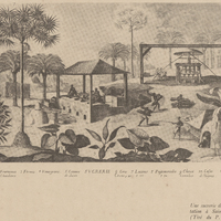 Une sucrerie dans une habitation à Saint-Domingue. (Tiré du P. du Tertre.)