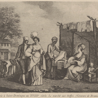 La vie à Saint-Domingue au XVIIIe siècle. Le Marché aux étoffes. (Gravure de Brunias.)