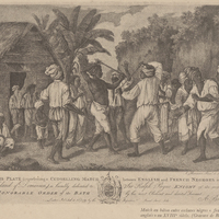 Match au bâton entre esclaves nègres « français et anglais » au XVIIIe siècle. (Gravure de Brunias.)