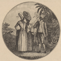 [Gravure du 18e siècle représentant deux femmes et un homme en habit, en Martinique]