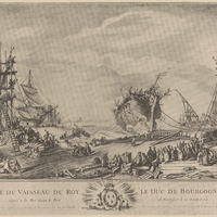 Vue du vaisseau du Roy, le Duc de Bourgogne. Lancé à la mer dans le port de Rochefort le 20 octobre…
