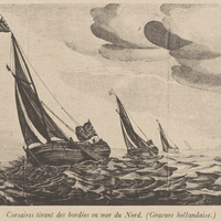 Corsaires tirant des bordées en mer du Nord. (Gravure hollandaise.)