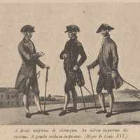 A droite uniforme de chirurgien. Au milieu inspecteur des casernes. A gauche médecin inspecteur. …