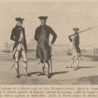 Uniformes de la Marine royale en 1772. De gauche à droite : officier des troupes de la Marine…