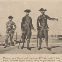 Uniformes de la Marine royale sous Louis XVI. De gauche à droite : matelot, vice-amiral en petit…