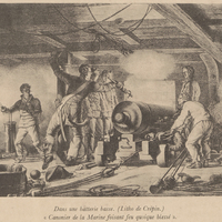 Dans une batterie basse. ( Litho de Crépin.) « Canonier de la Marine foisant feu quoique blessé »
