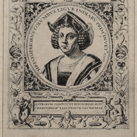 C. Colomb, gravure frontispice des Grands Voyages de Théodore de Bry, graveur, libraire et orfèvre,…