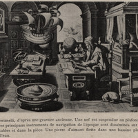 Toscanelli, d'après une gravure ancienne. Une nef est suspendue au plafond et les principaux…
