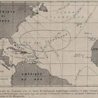 Carte de la mer des Sargasses avec les lignes de déclinaisons magnétiques actuelles, la ligne 0°…