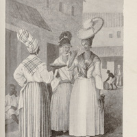 Marchande de fleurs et femmes de couleur, d'après une gravure en couleur de A. Brunias. ( …
