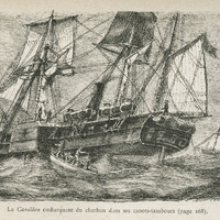 Le Caméléon embarquant du charbon dans ses canots-tambours
