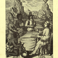 Thomas Gage receiving gifts from his parishioners (frontispiece of The First German Edition)