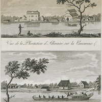 Vue de la Plantation d'Alkmaar, sur la Comewine & Bateau couvert, ou Barge d'une Plantation …