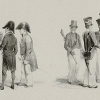Quatre employés supérieurs en grand costume. Troupes de la garnison, chasseurs et canonniers, en un…