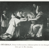 Mgr De Gualy, évêque de Caracassonne, ordonnant prêtres les trois Sénégalais élevés par la Mère…