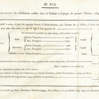 N° VII. Apperçu des subsistances existant dans la Colonie à l'époque du premier octobre 1789.