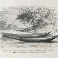 Au premier plan : pirogue des Bonis, au second plan : pirogue des Galibis. D'après un croquis du…