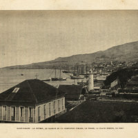 Saint-Pierre : la Bourse, le hangar de la compagnie Girard, le phare, la place Bertin, le Fort