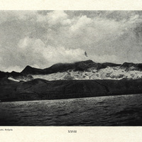 Pelée and the ash-covered valley of the Rivière blanche, in front a huge mud-wall, largely the mud…